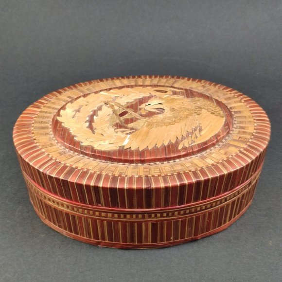 Marquetry Phoenix Dragon Oval Trinket Jewelry Box Bamboo Veneer Overlay 6.25 - Picture 2 of 9
